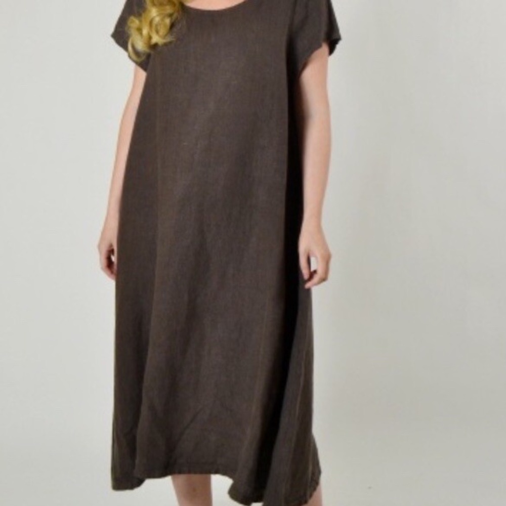 Bryn Walker Winslow Brown Short Sleeve Linen Dress Lagenlook Oversize SZ S